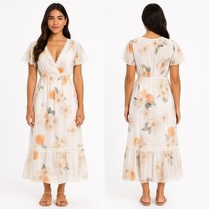Farm Rio x Anthropologie Floral Sheer Midi Dress White Peach Blossom - Large